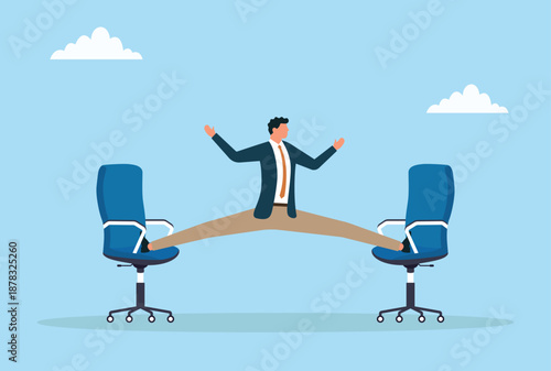 Vector illustration of a businessman with two feet on two chairs, symbolizing multitasking, balancing responsibilities, managing multiple roles, and business adaptability
