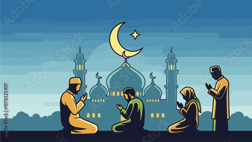Muslim men and women silhouettes pray and make dua together against a blue mosque and crescent moon background for Ramadan Kareem