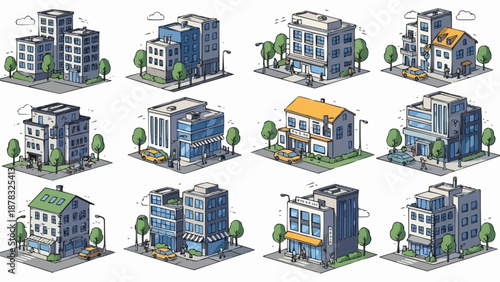Collection of Diverse Isometric City Buildings and Architecture.
