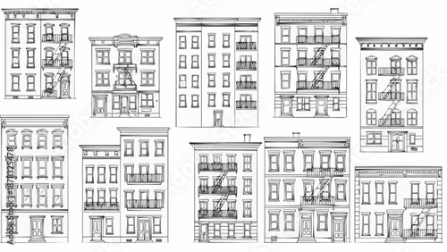 Collection of vintage apartment building facades architectural drawings.