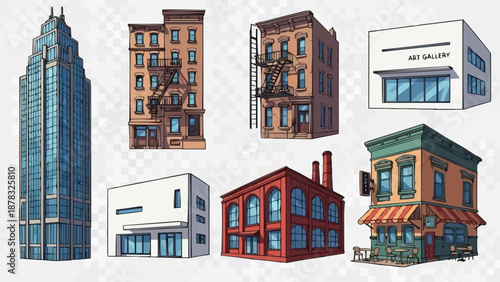 Collection of Diverse City Buildings and Architecture Styles.