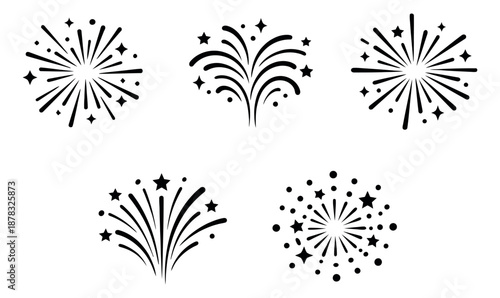 Graphic fireworks icons set featuring various starburst explosions for festive designs