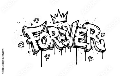 Forever word graffiti text lettering with crown and diamond ornaments