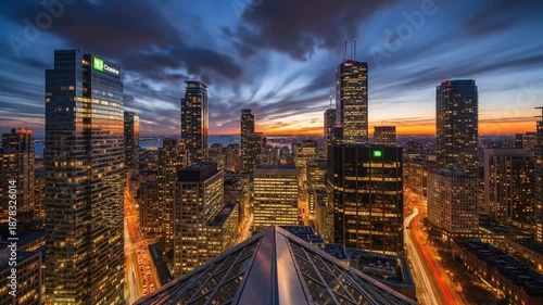Stunning Time-Lapse of Chicago Skyline at Sunset with Dramatic Clouds and City Lights Creating a