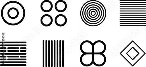 A collection of eight unique black geometric shapes on transparent background high-quality professional detailed modern elegant stylish clean crisp vibrant