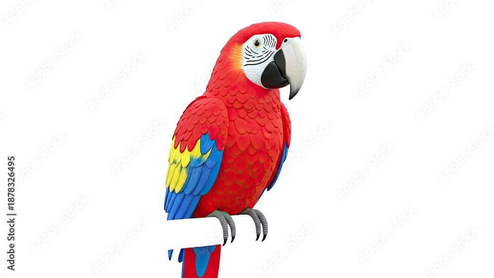 Fototapeta premium Scarlet Macaw Parrot Figurine on White Background