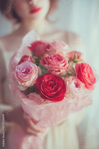 Mothers Day, Valentines Day, love holiday theme. A woman in a white dress holding a bouquet of pink and red roses against a blurred background.