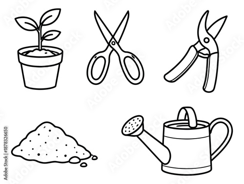 Hand drawn line art gardening tools set featuring a potted plant, scissors, pruning shears, soil, and a watering can for home gardening and planting