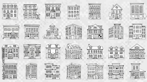 Collection of Hand Drawn Architectural Building Illustrations.