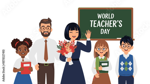 Celebrating World Teacher's Day with diverse students and educators in a lively classroom setting illustration
