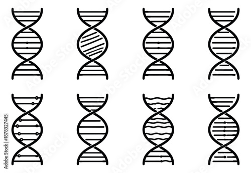 Line art DNA helix set featuring various genetic strand designs for science and research