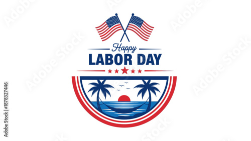 Celebratory Labor Day illustration featuring flags and palm trees with a serene beach sunset scene