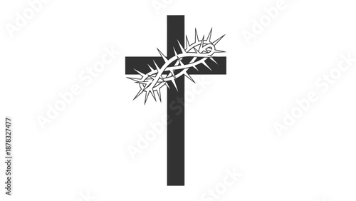 A black cross adorned with a thorny crown of thorns, symbolizing sacrifice and faith, depicted in a simple illustration style