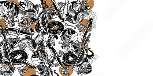 Intricate black and white illustration featuring a dense pattern of coiled serpents, reptilian skulls, sharp swords, and scattered bones with subtle brown abstract shapes.