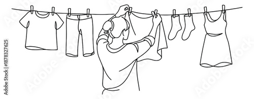 Line art illustration of a person hanging clothes depicting a household chore for daily life content