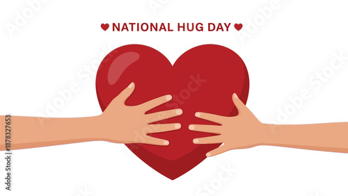 Two hands embracing a large red heart on National Hug Day celebration vector illustration