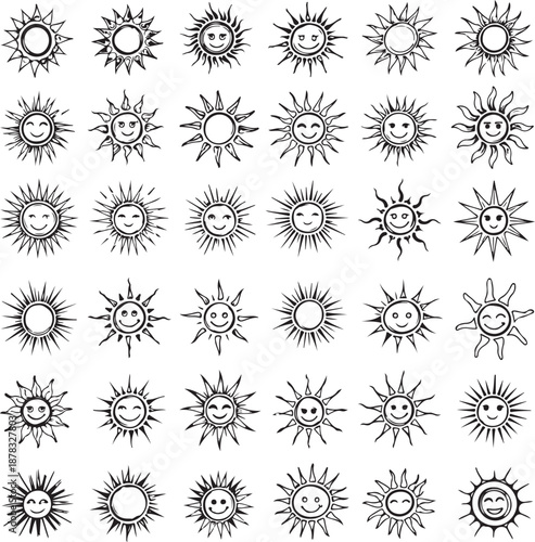 Collection of handdrawn sun illustrations with various smiling faces on transparent background