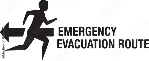 Emergency evacuation route sign with running man silhouette and arrow direction indicator
