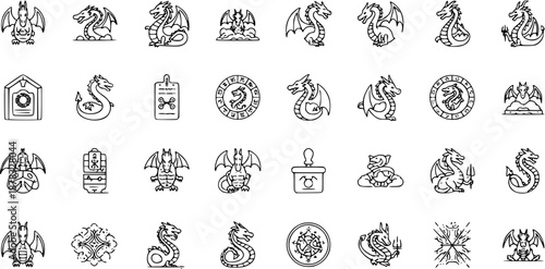 Mythical Dragon Creature Outline Icons Set