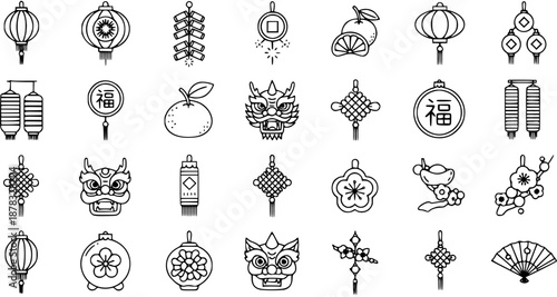 Chinese New Year  Lunar Traditional Line Icons Set