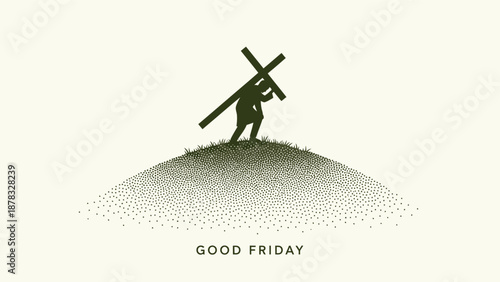 Silhouette of person carrying large cross on hilltop, conveying solemn atmosphere and religious significance, Good Friday illustration, Whisk concept artwork