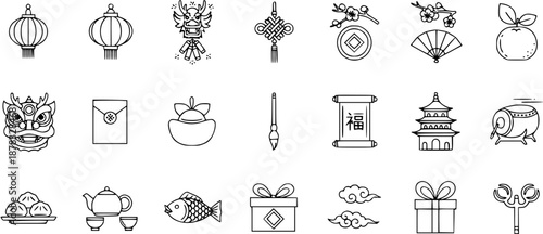Chinese New Year  Culture Line Art Icons Set