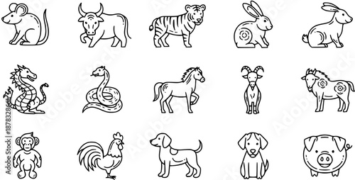 12 Chinese Zodiac Animal Outline Icons Collection