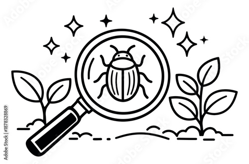 Line art illustration of a beetle and plants depicting inspection with a magnifying glass for agricultural research