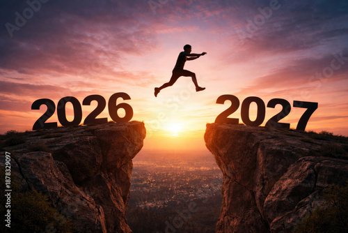 Silhouette of person jumping across cliff from 2026 to 2027 symbolizing future transition risk taking courage career change and long term success planning concept