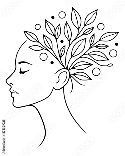 Line art illustration of a woman's profile depicting natural growth and serenity for beauty and wellness concepts