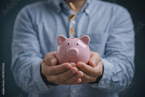 Person holding piggy bank with falling coins symbolizing savings financial planning personal finance investment discipline and long term money management concept