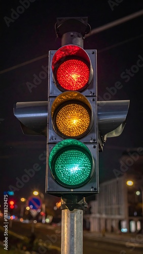 Traffic light shines red, yellow, & green at night, with city lights blurred in the background