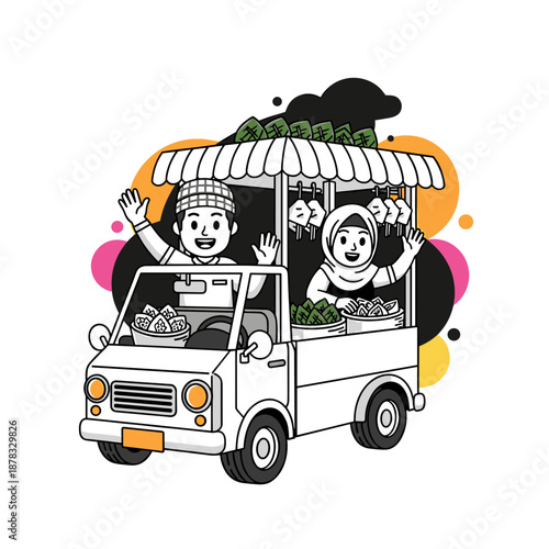 Cartoon vector illustration of a car and taxi driving on the road with people traveling together