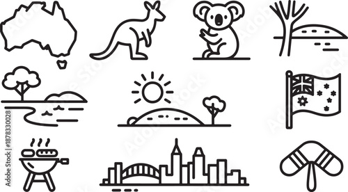 Australia travel landmark and nature outline icons set for travel design