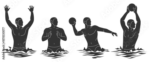 Set cartoon silhouette male engaging water polo and aquatic sport activity. Bundle man playing water polo with various gesture and motion. Flat vector illustrations water sport athlete.