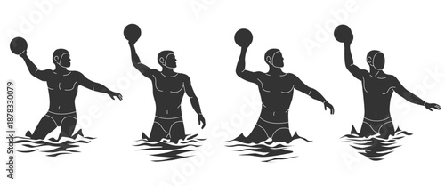 Set cartoon silhouette male engaging water polo and aquatic sport activity. Bundle man playing water polo with various gesture and motion. Flat vector illustrations water sport athlete.