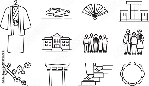 Collection of black and white line art icons representing traditional Japanese elements and landmarks