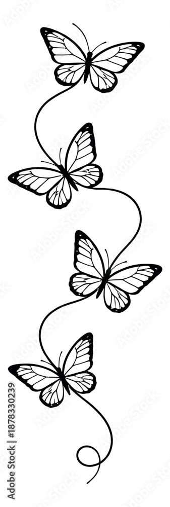 Fototapeta premium Hand drawn line art butterfly set featuring four butterflies on a decorative swirly path for elegant nature-themed designs