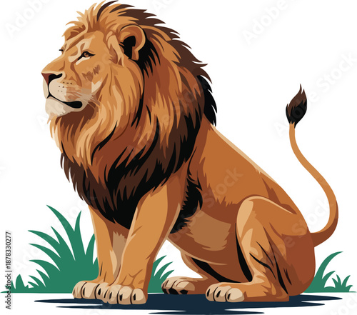 A majestic lion sitting on green grass with a beautiful mane isolated on white background.