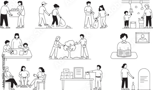 Family activities and community support people helping gardening sharing reading and creating memories together