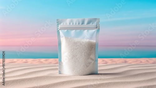 Resealable clear pouch filled with white granulated sugar sits on sand