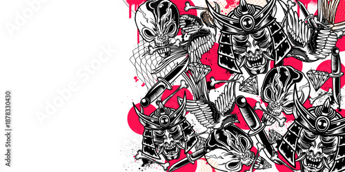 Japanese Oni masks, crowns, roses, and katanas in a dark, edgy graphic art collage with red and yellow splatters in a graffiti art background