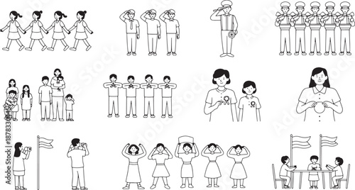 Group of kids and adults doing activities, black outline style on transparent background