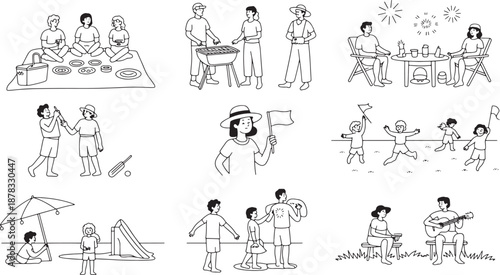 Group of people having outdoor picnic barbecue and relaxing celebration set illustrations