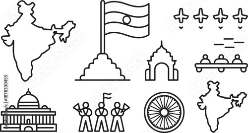 Indian republic day line icon collection featuring national symbols monuments and parade events