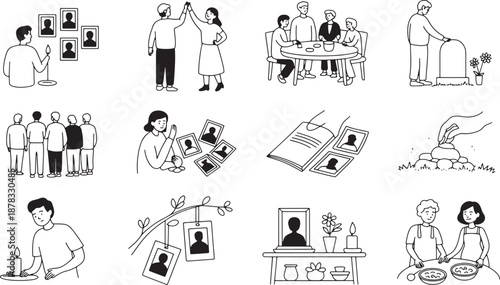 Loss and mourning rituals line icon set representing funeral services and grief remembrance