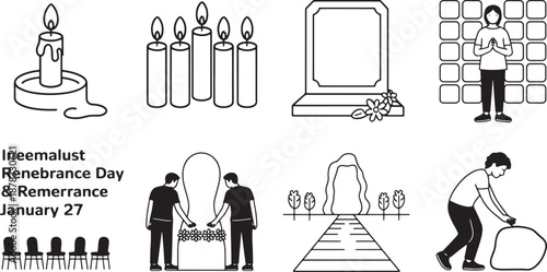 Outline icons of international holocaust remembrance day symbols mourning january 27