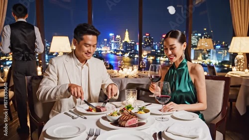 Romantic Dinner with City Skyline View: Couple enjoying fine dining experience at a luxury
