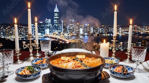 Elegant Korean Dinner Setting with Kimchi Stew and City Skyline at Night Backdrop