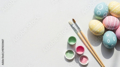 Colorful easter egg painting supplies including painted eggs, brushes, and paint pots arranged on a white canvas background with ample copy space for text